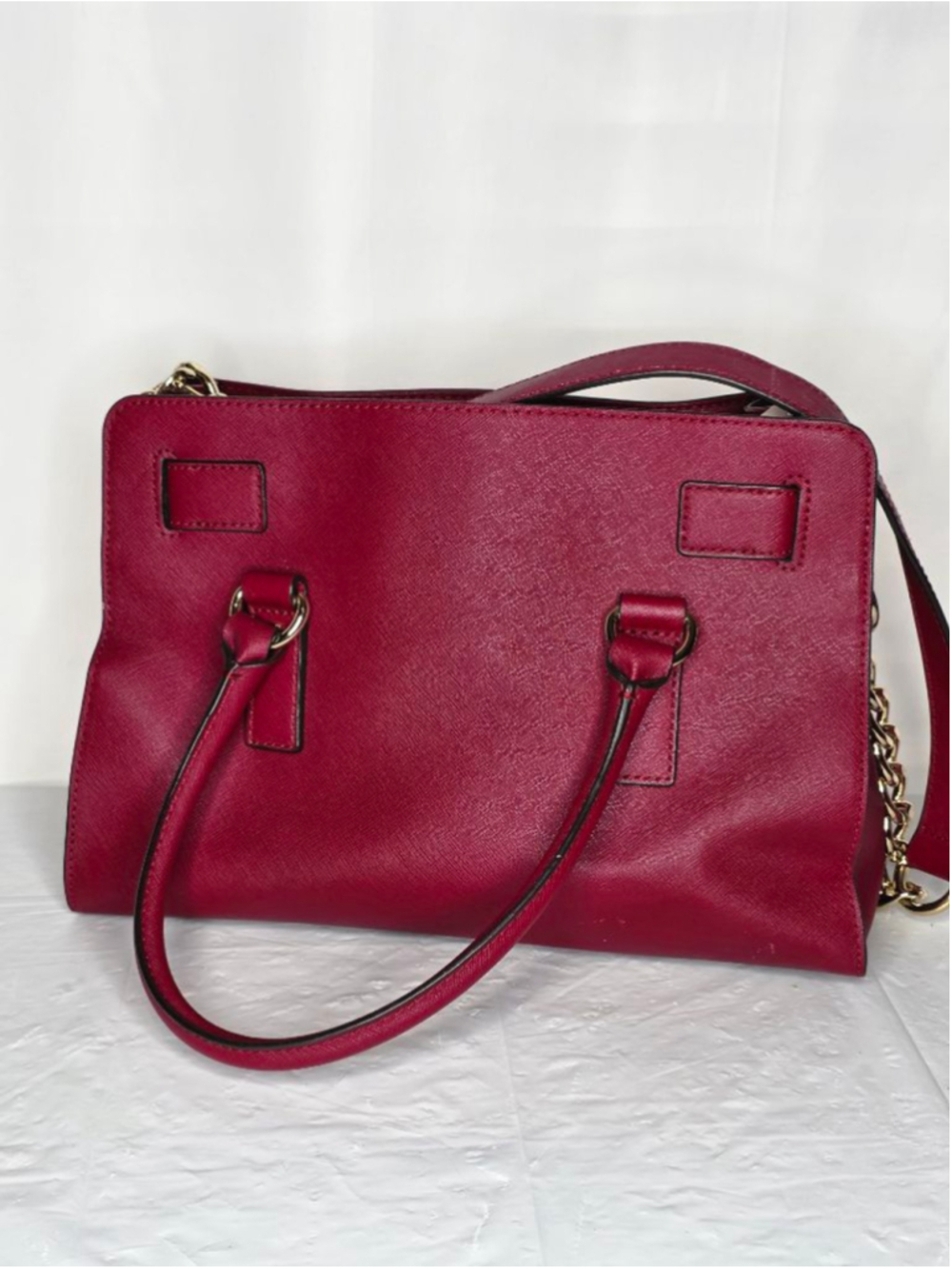 Michael Kors Red Saffiano Leather Satchel Crossbody Bag Gold Lock Charm - Picture 8 of 13